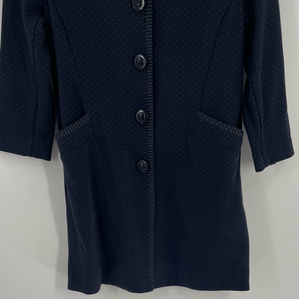 Cabi Carriage Navy Dot Stripe Detail Button Up Pockets Knit 3/4 Sleeve Jacket - Picture 5 of 13